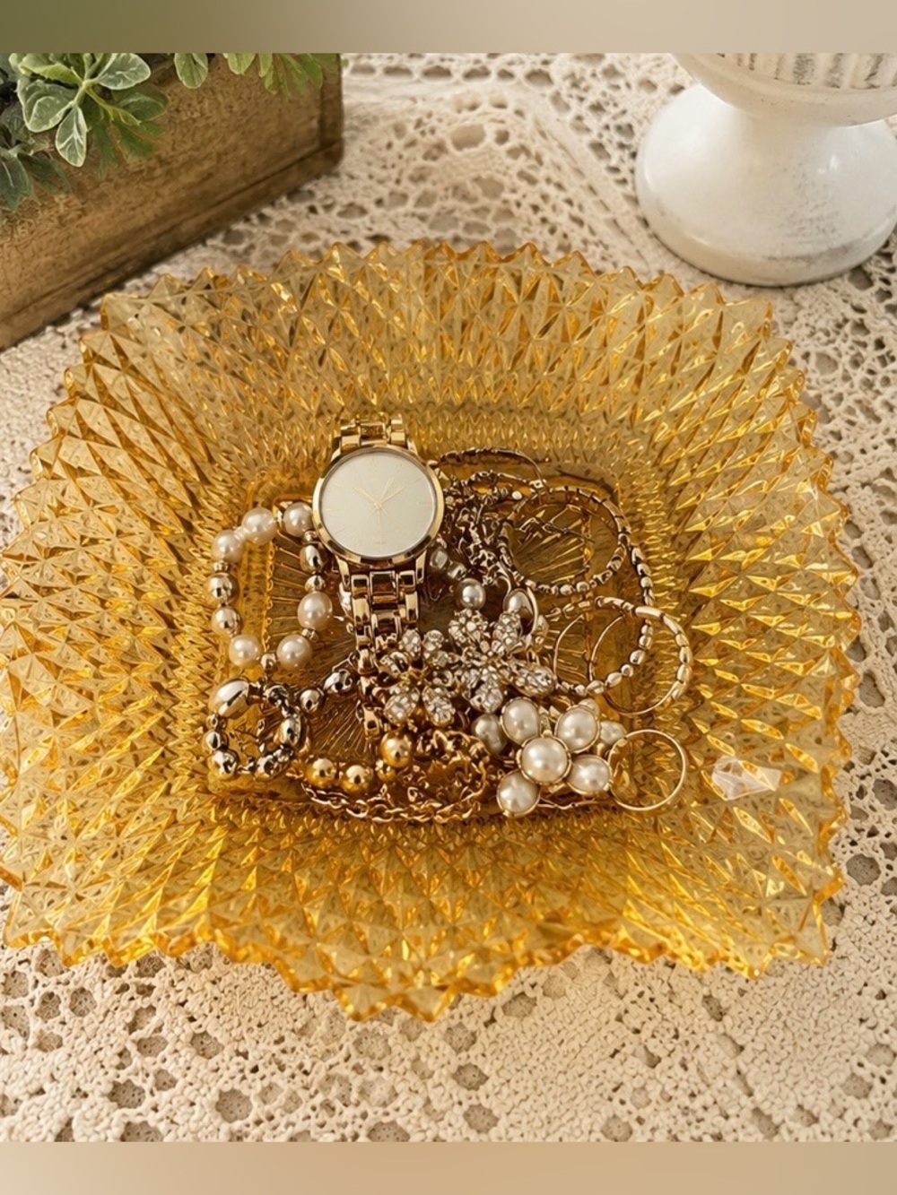 Vintage Amber Pressed Glass Diamond Pattern Candy Dish